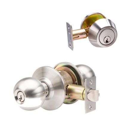 Trans Atlantic Co. SVB Series Stainless Steel Grade 2 Commercial Cylindrical Entry Door Knob with Single Cylinder Deadbolt Combo Pack DL-SVB53DB251-US32D